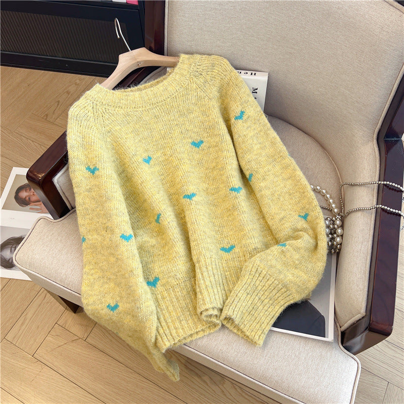 heart-embroidered round-neck sweater