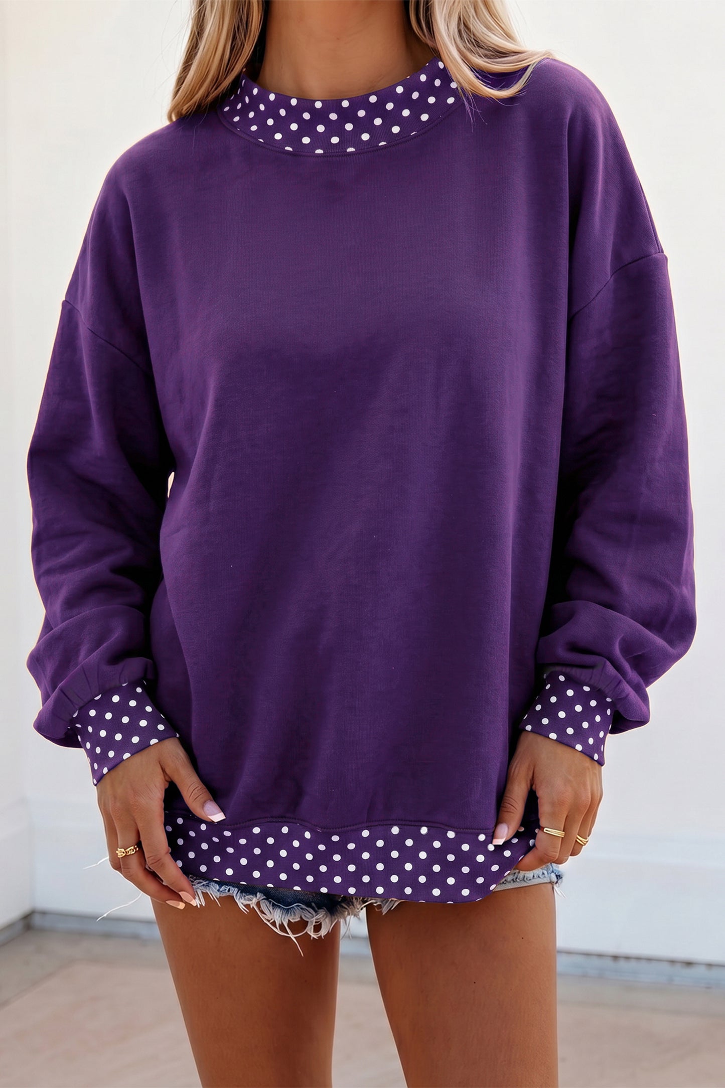 Red Dahlia Colorblock Polka Dot Contrast Trim Oversized Sweatshirt