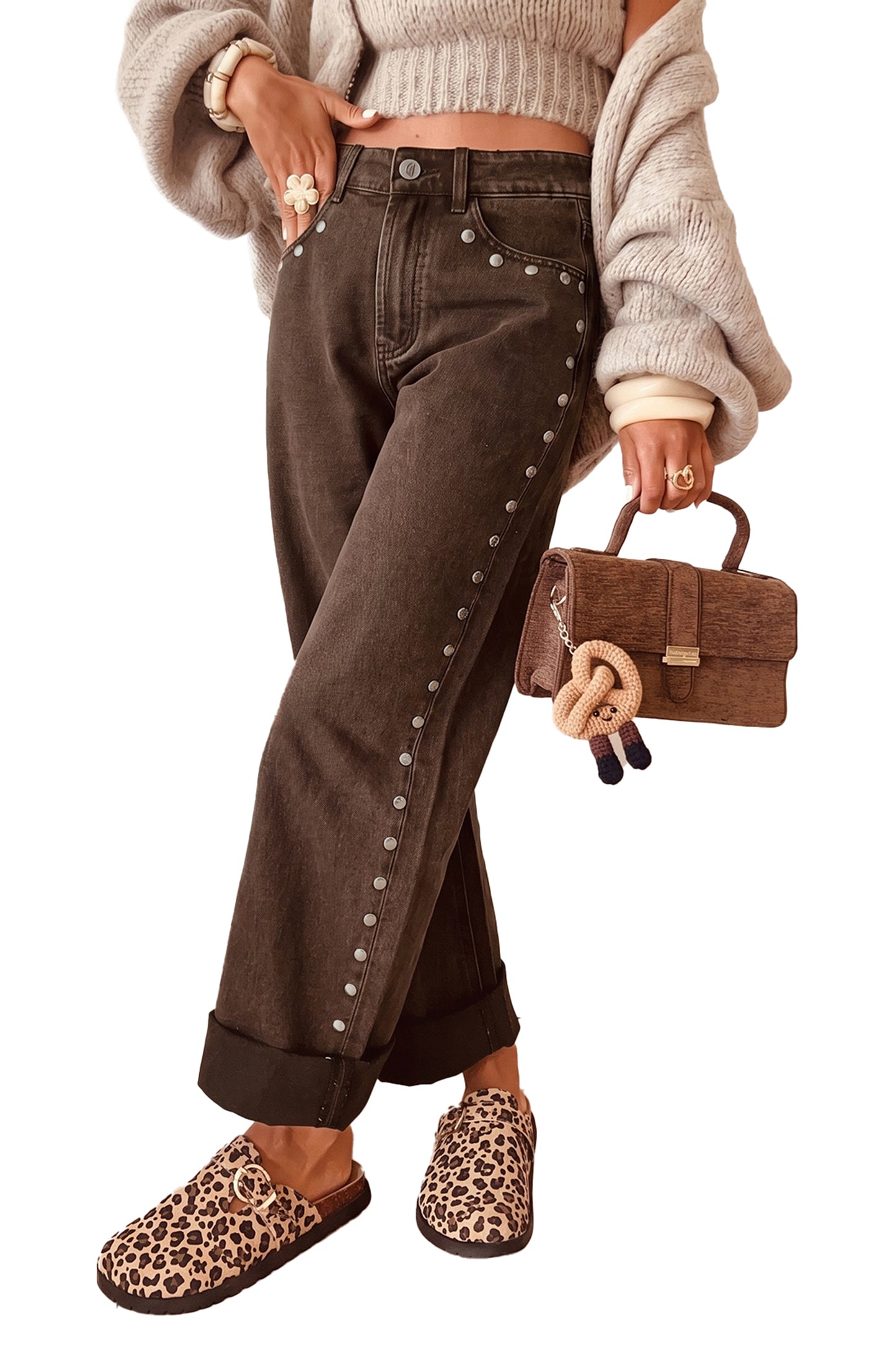 Black Studded Detail Straight Leg Casual Loose Jeans