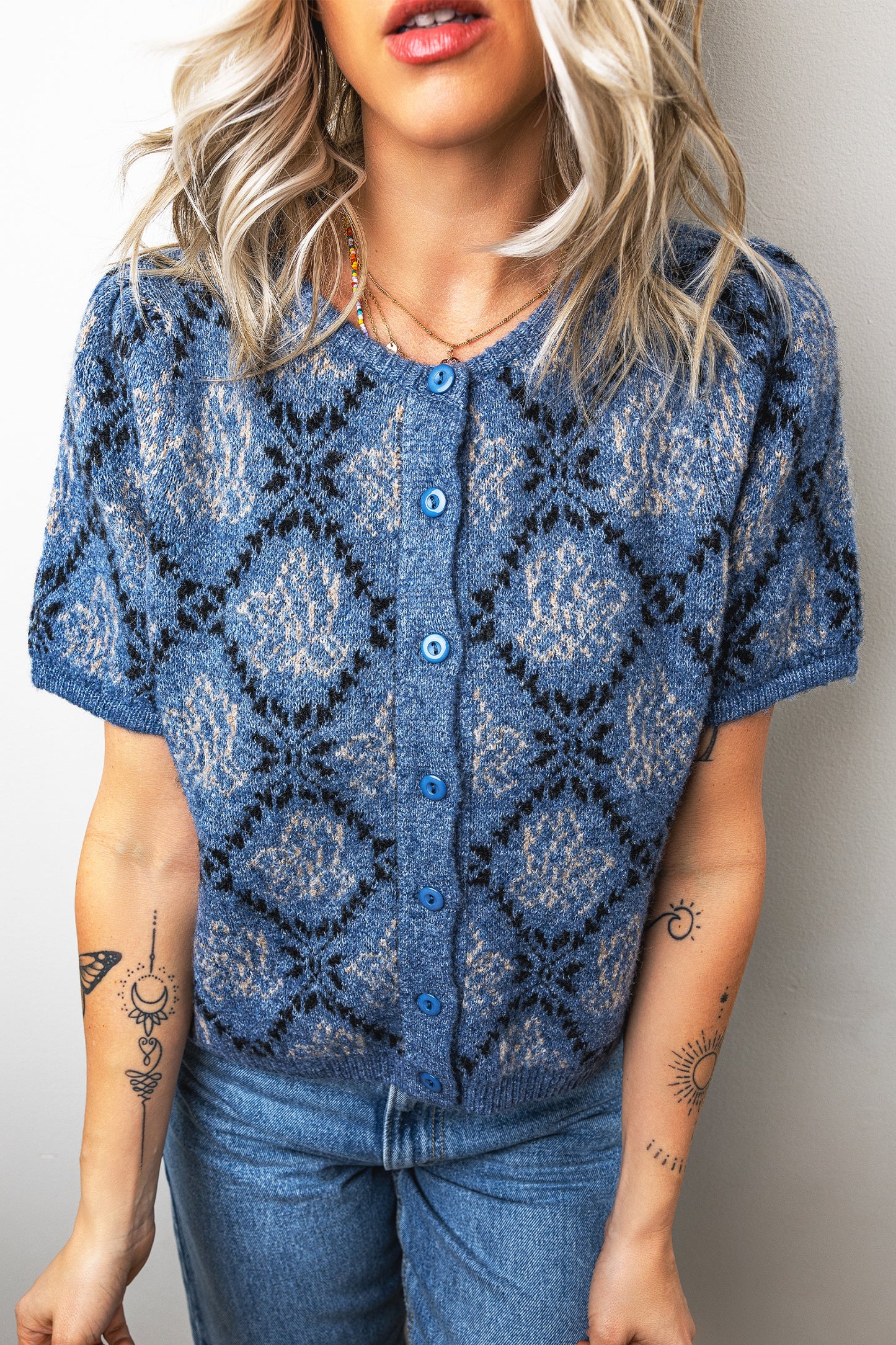 Dark Blue Ethnic Pattern Short Sleeve Button Front Knit Cardigan
