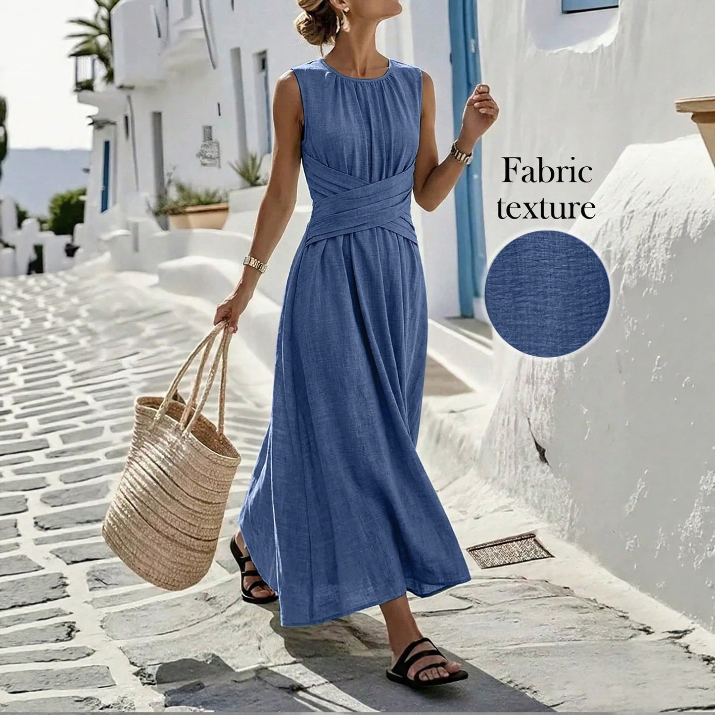 sleeveless waist-cinching long dress