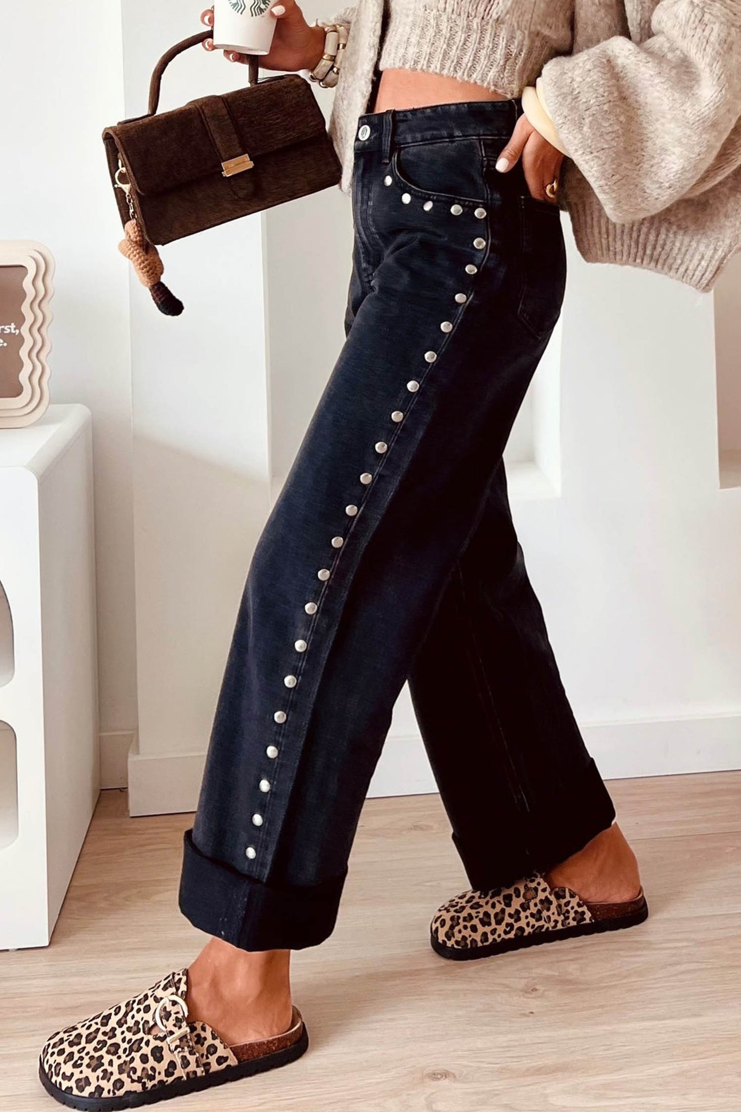 Black Studded Detail Straight Leg Casual Loose Jeans
