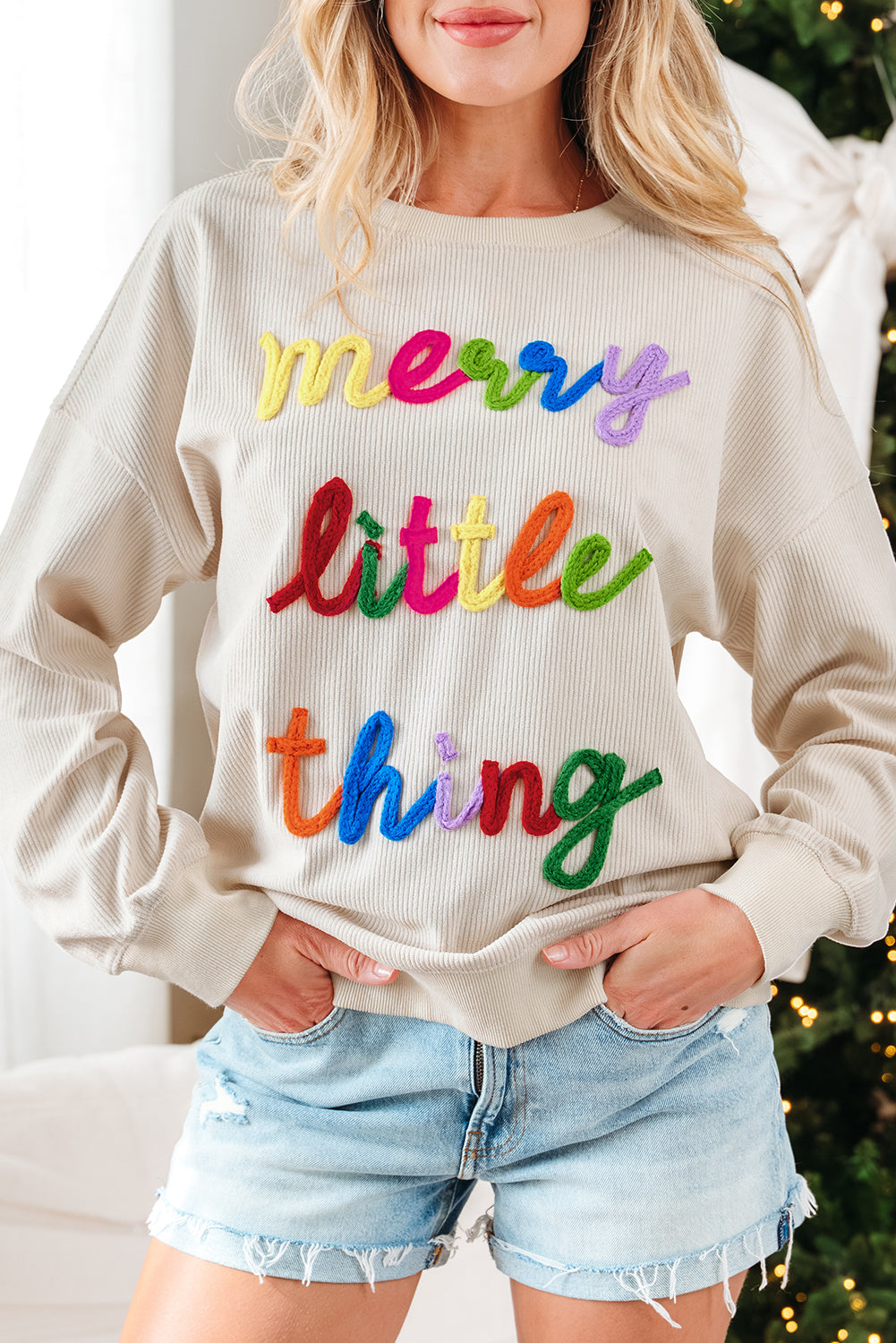 Beige merry little thing Corded Letter Graphic Ribbed Loose Sweatshirt