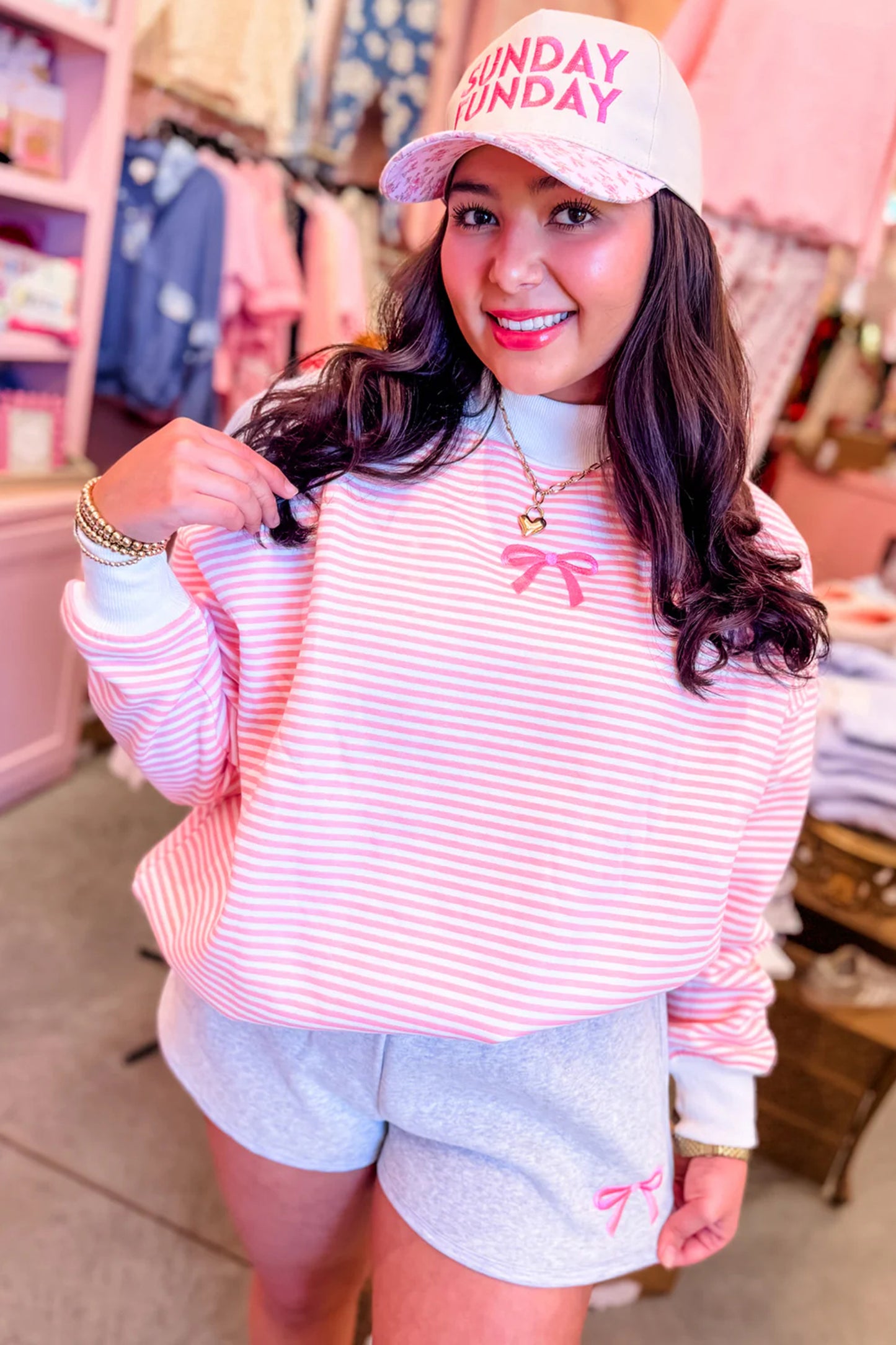 Pink Stripe Bow Embroidered Bow Contrast High Neck Baggy Sweatshirt