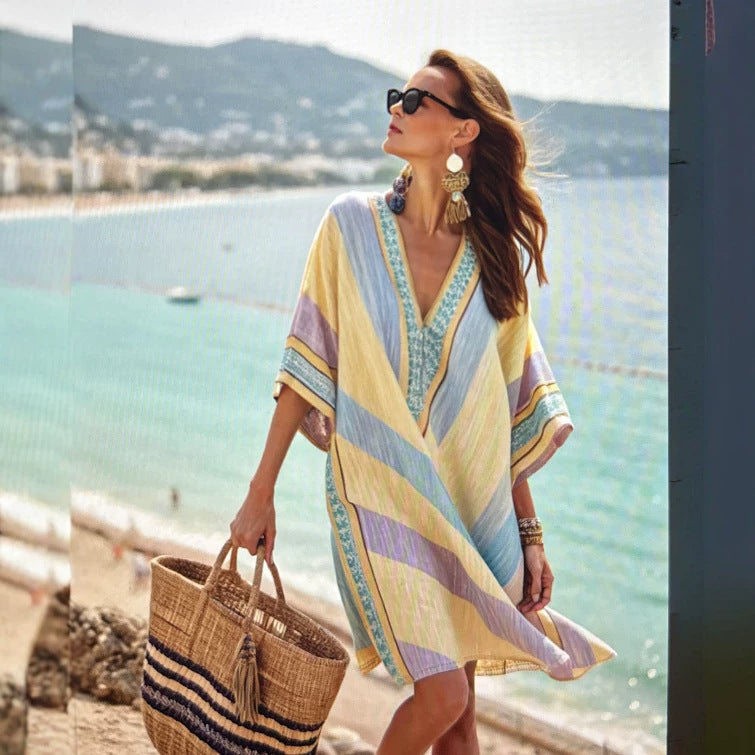 V-neck Bohemian printed loose beach dress caftan