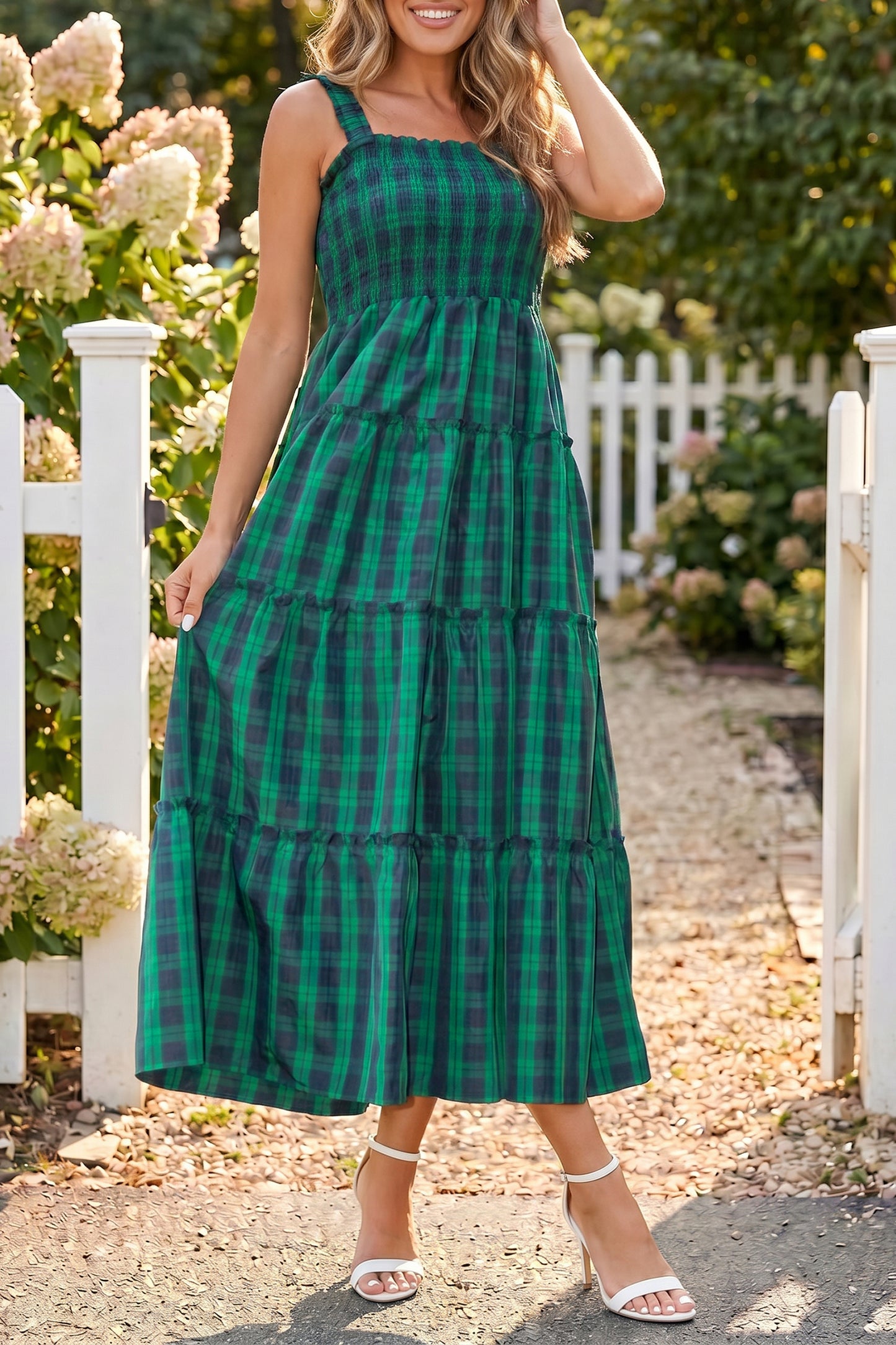 Green Sleeveless Square Neck Plaid Midi Dress with Ruffles and Shirred Bodice