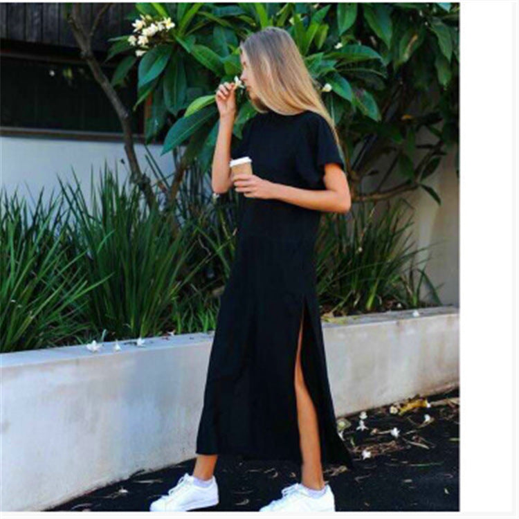 Long, round-neck base dress, loose short-sleeved dress