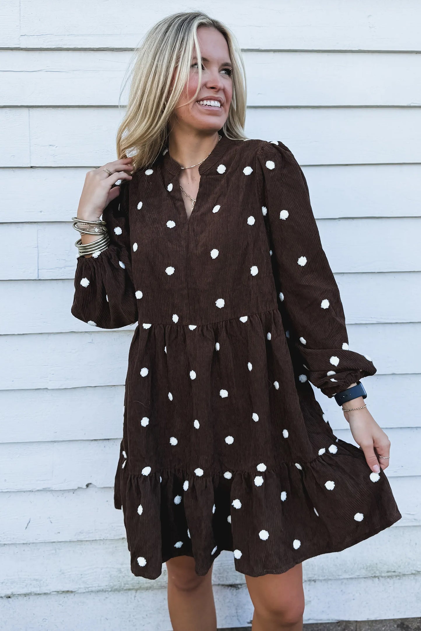 Chicory Coffee  Corduroy Polka-Dot Dress