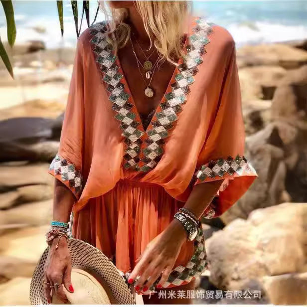 short-sleeved Bohemian tunic dress