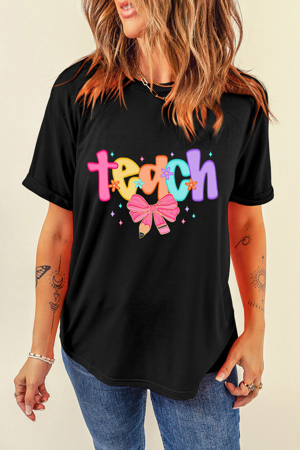Black Teach Bow Heat Transfer Printing Graphic Holiday Tee