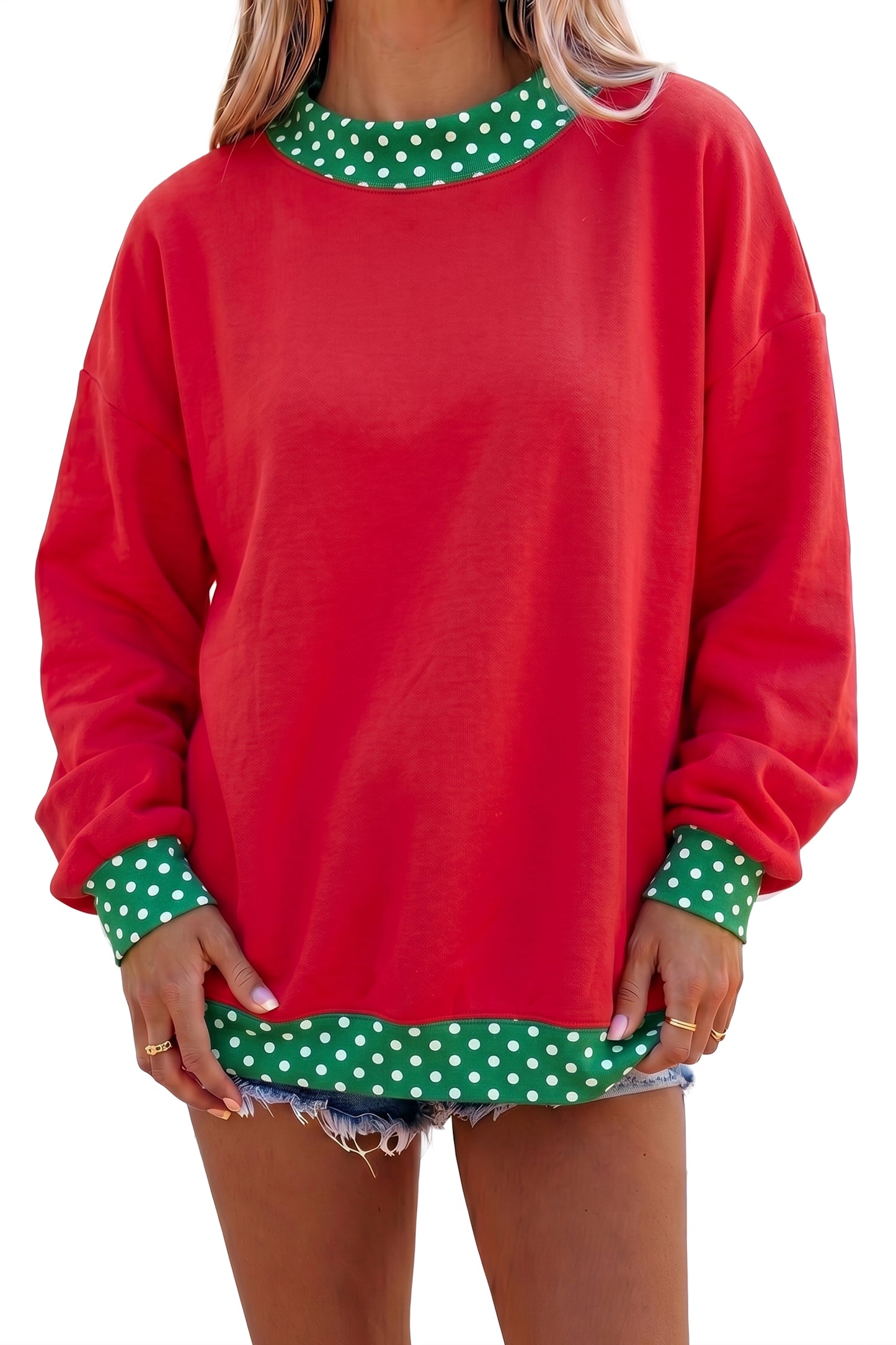 Racing Red Colorblock Polka Dot Contrast Trim Oversized Sweatshirt