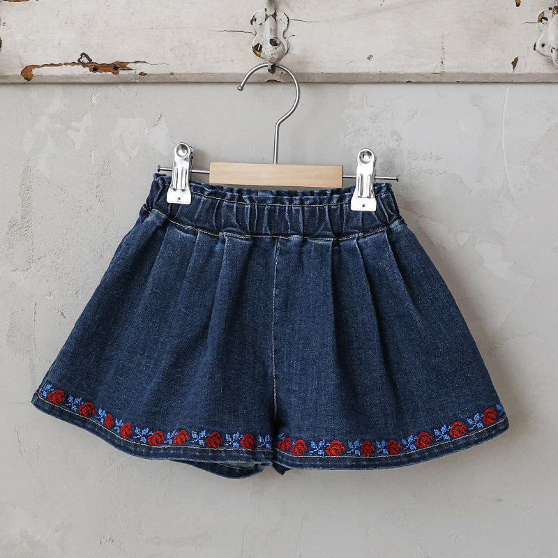 Strawberry Children's Embroidered flower Loose wide-leg Denim shorts