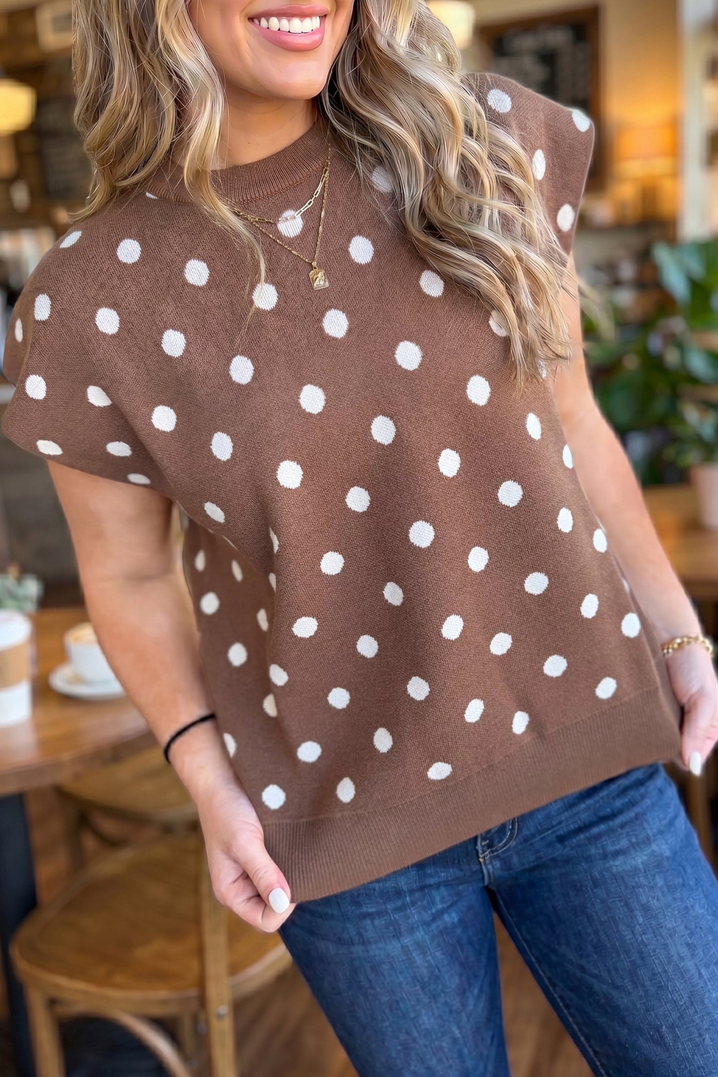 Brown Polka Dot Short Sleeve Round Neck Casual Shift Sweater