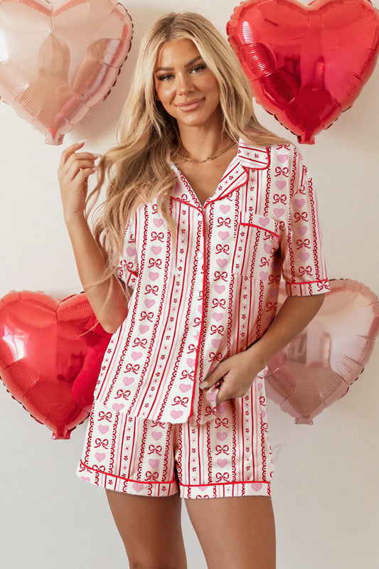 Red Cute Bow Heart Print Ribbon Decor Short 2pcs Pajama Set