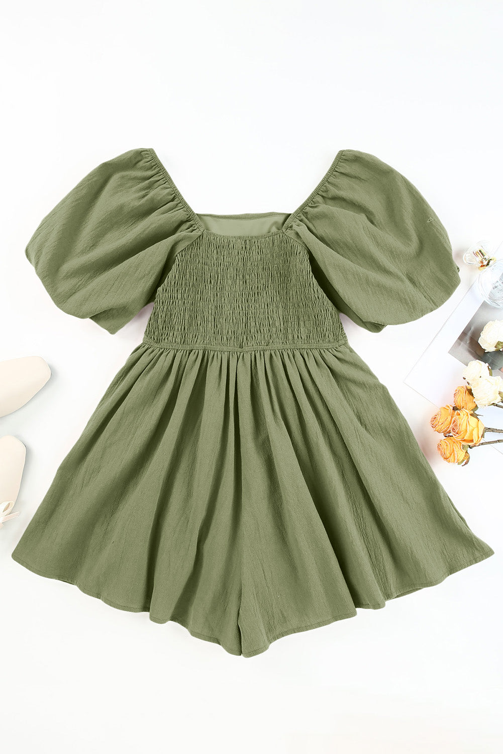 Jungle Green Square Neck Ruched Puff Sleeve Romper