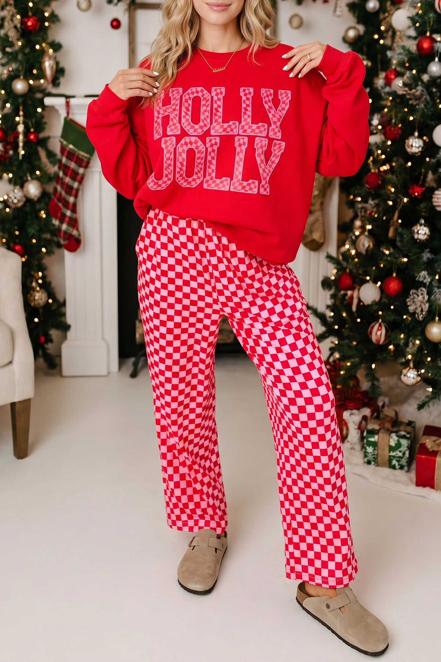 Red Merry Graphic Plaid Christmas Lounge Pant Set