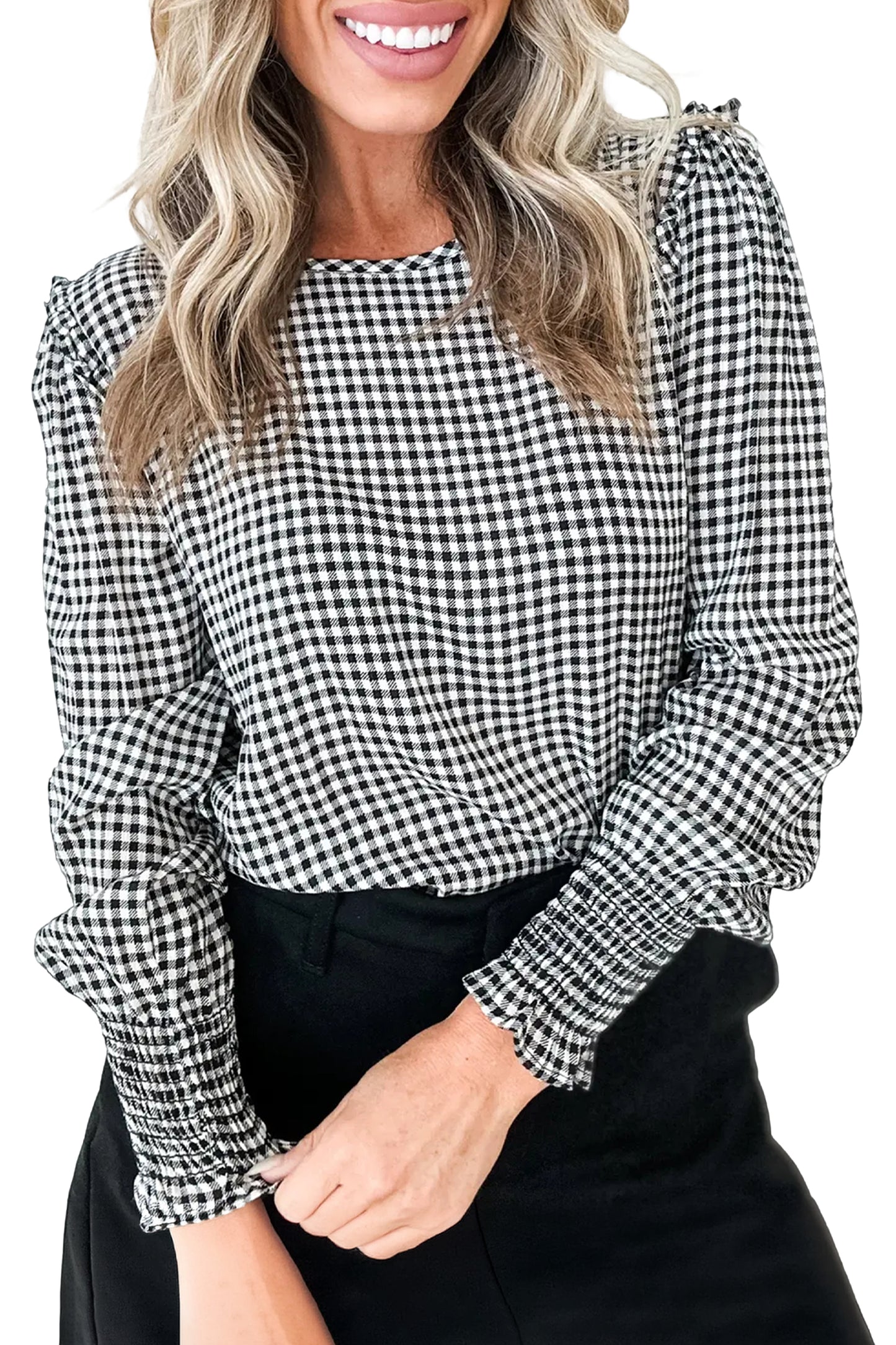 Black Plaid Long Sleeve Top Shirred Cuffs Ruffle Neckline Casual Shift Pullover