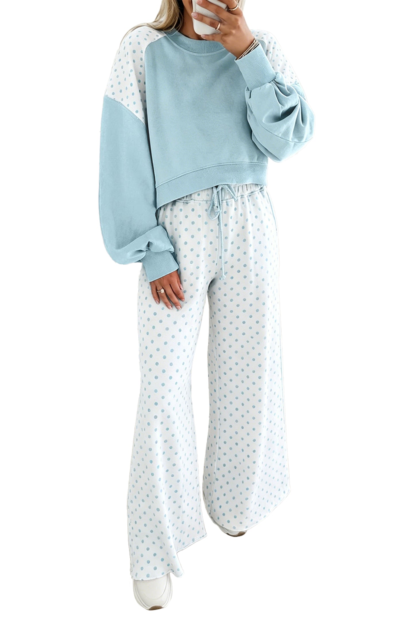 Green Polka Dot Patchwork Colorblock Long Sleeve Casual Two Piece Pants Set