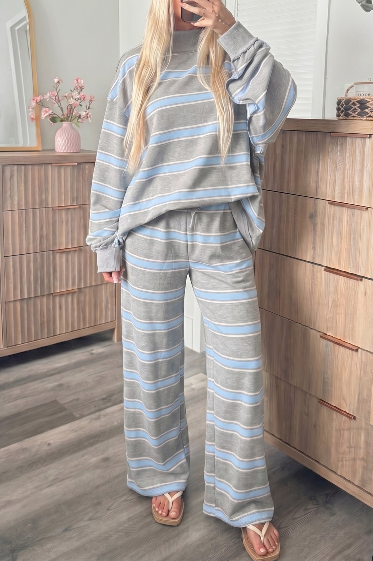 Sky Blue Stripe Mock Neck Long Sleeve Pullover Top and Loose Pants Set
