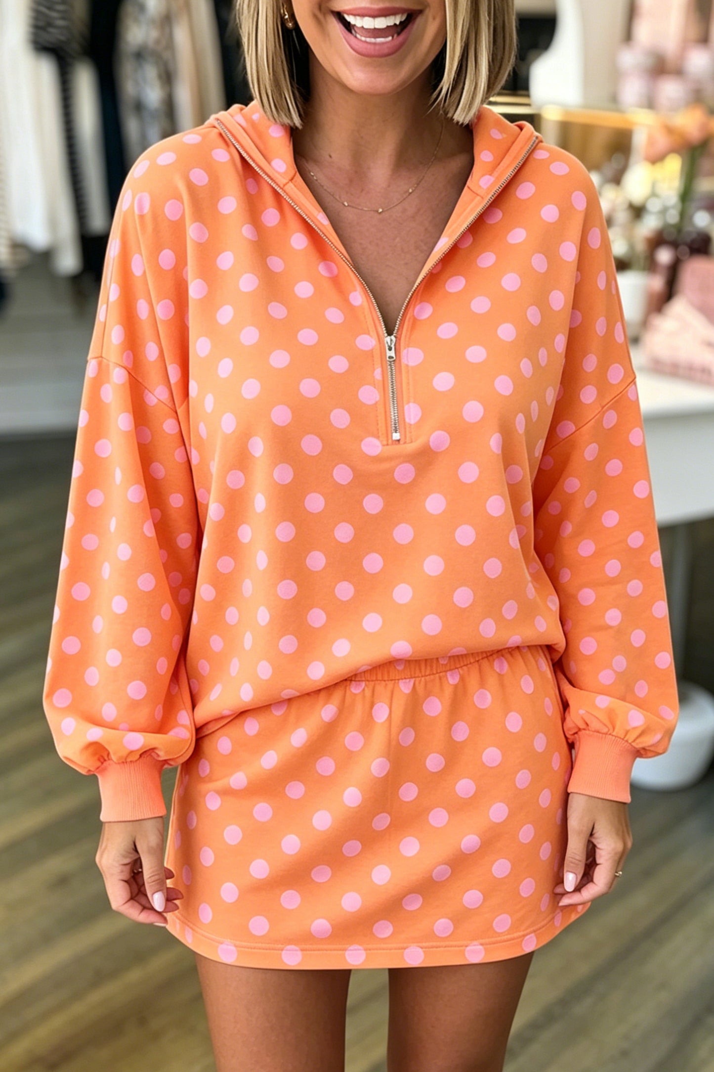 Orange Polka Dot Hooded Long Sleeve Top Casual Mini Skort Set