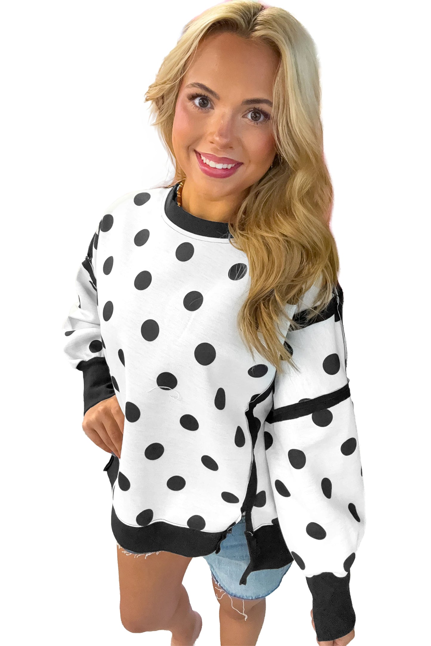 Blue Polka Dot Contrast Patchwork Round Neck Baggy Sweatshirt