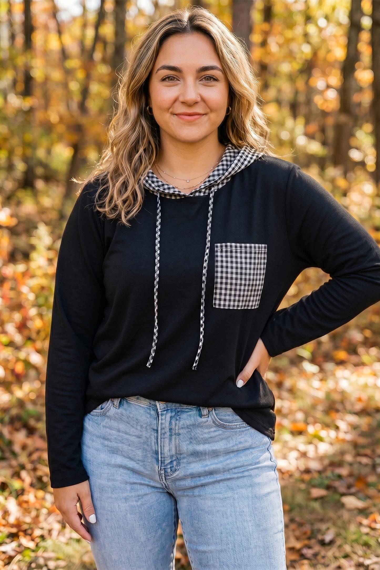 Black Hooded Gingham Paneling Chest Patch Pocket Long Sleeve Plus Size Blouse