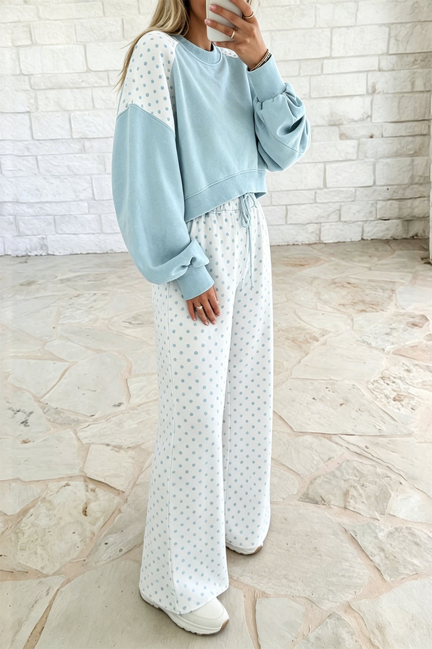 Green Polka Dot Patchwork Colorblock Long Sleeve Casual Two Piece Pants Set