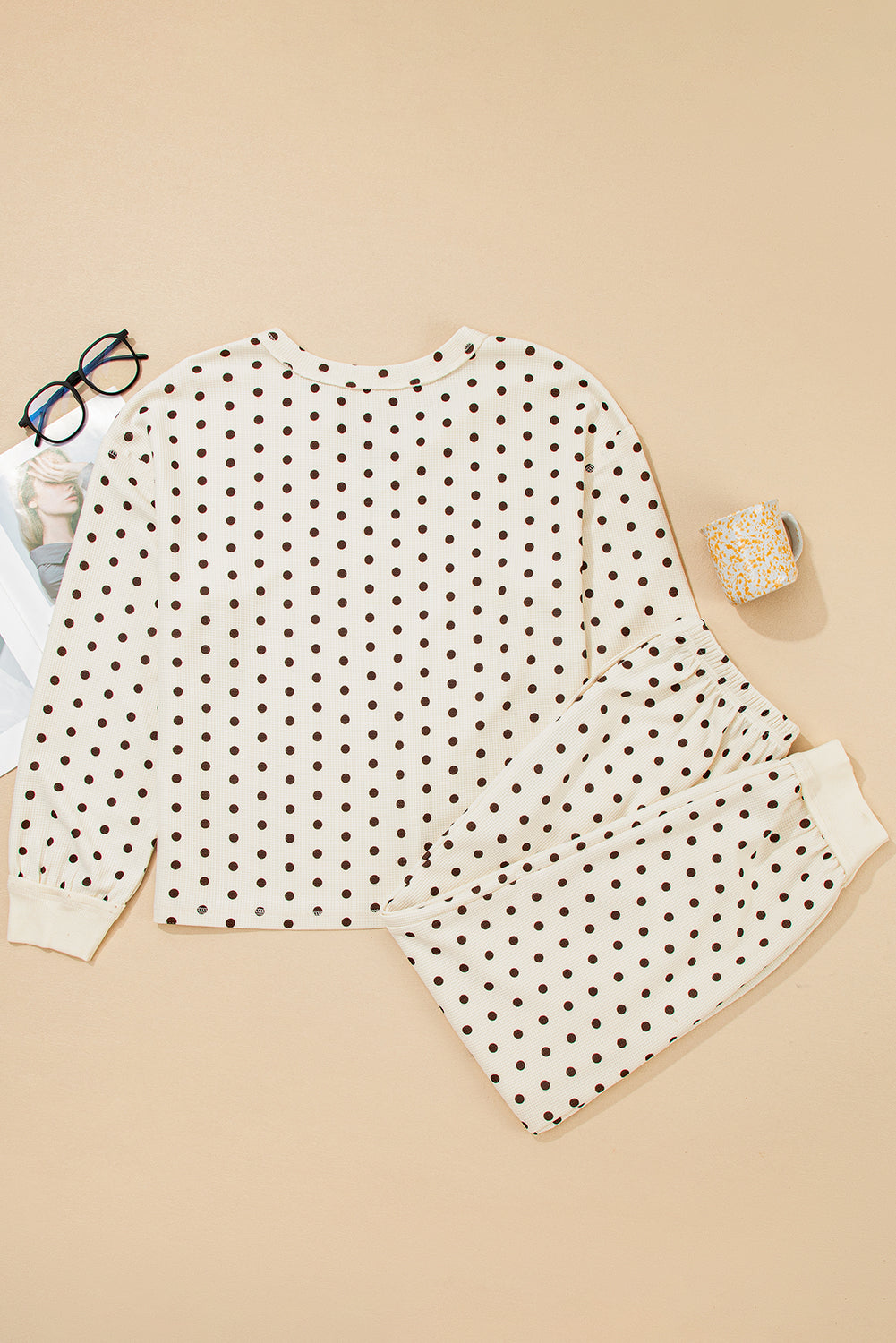 White Polka Dot Print Long Sleeve Top Drawstring Jogger Pants Lounge Set
