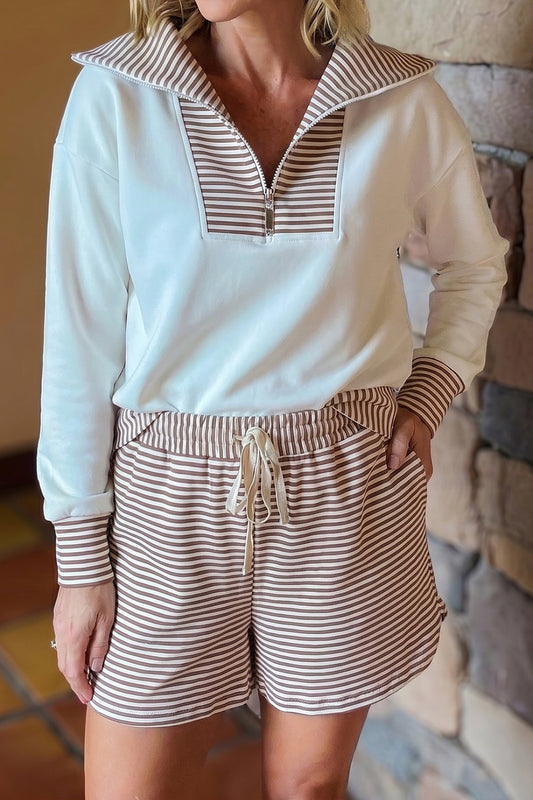 Khaki Stripe Color Block Patchwork Long Sleeve Top Drawstring Shorts Set