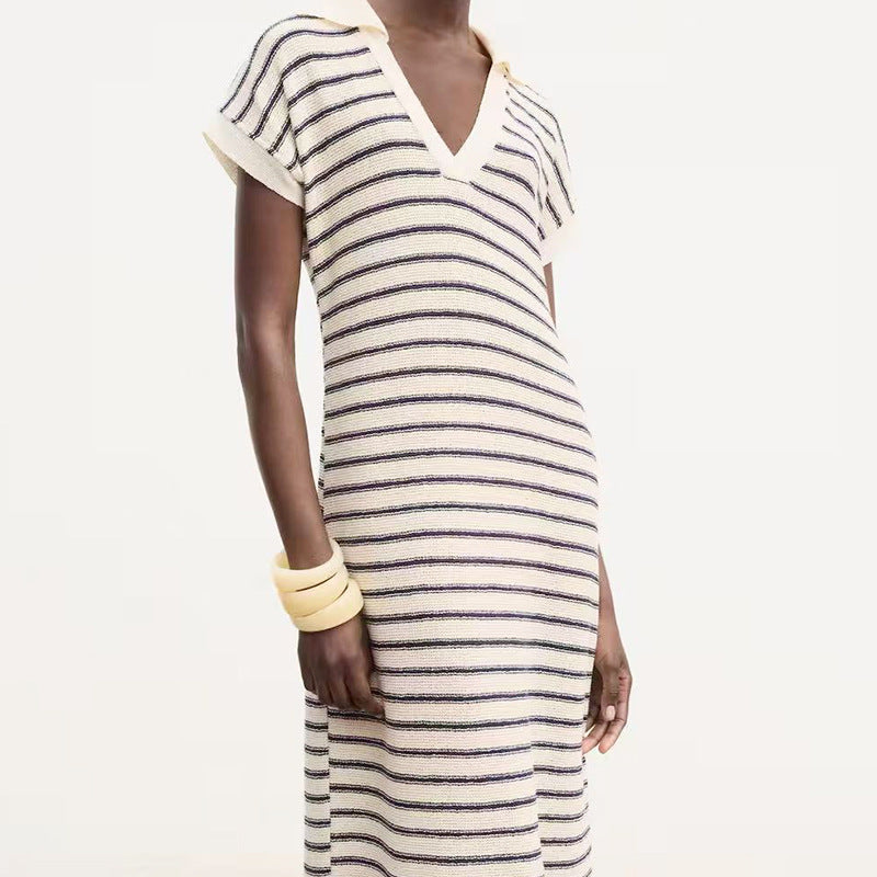 Women's knitted long dress, loose lapel, short-sleeved, V-neck striped dress