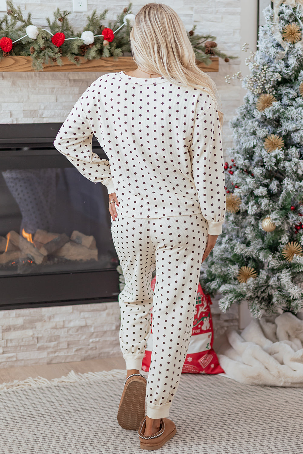 White Polka Dot Print Long Sleeve Top Drawstring Jogger Pants Lounge Set