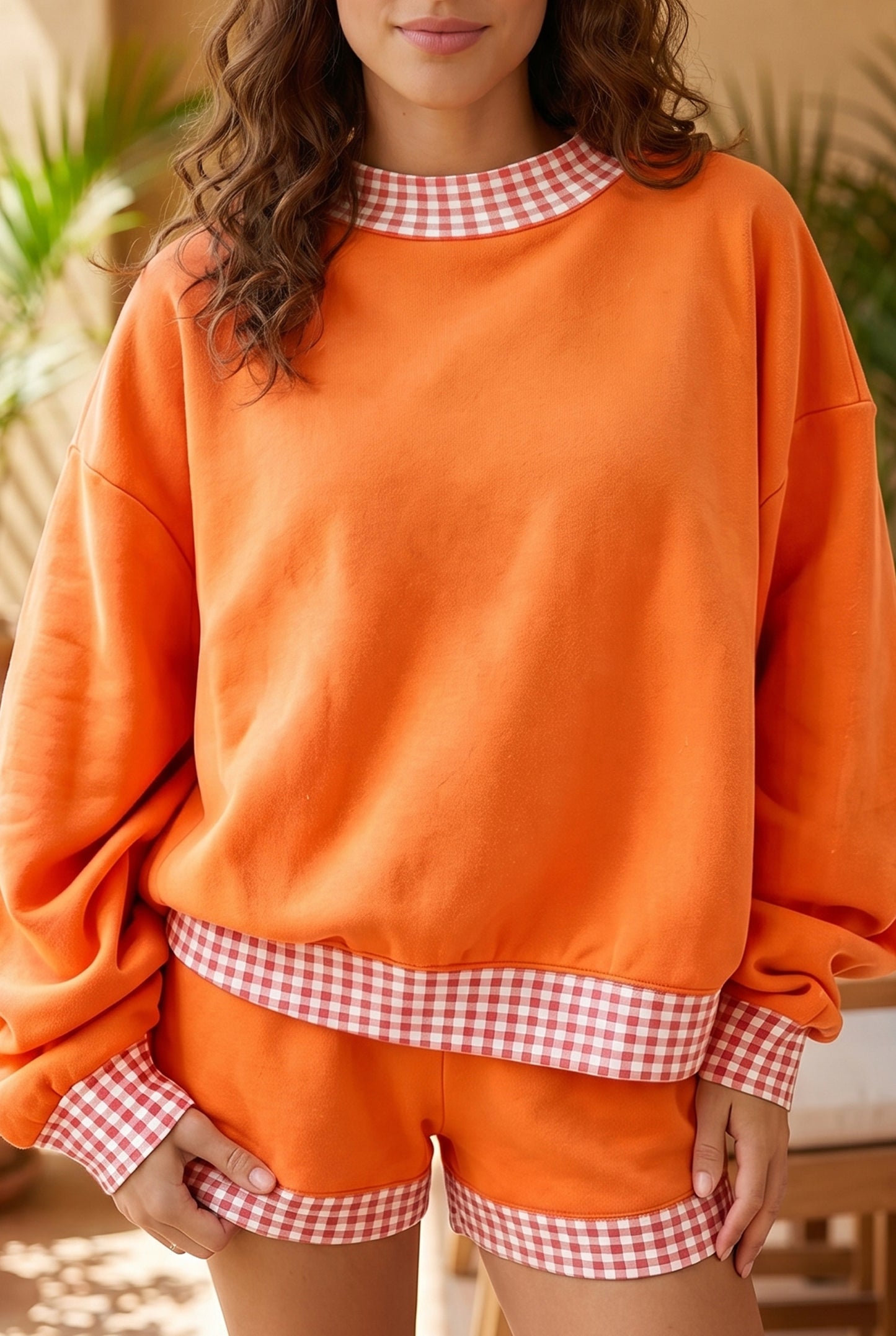 Fiery Red Gingham Trim Baggy Pullover 2pcs Short Set