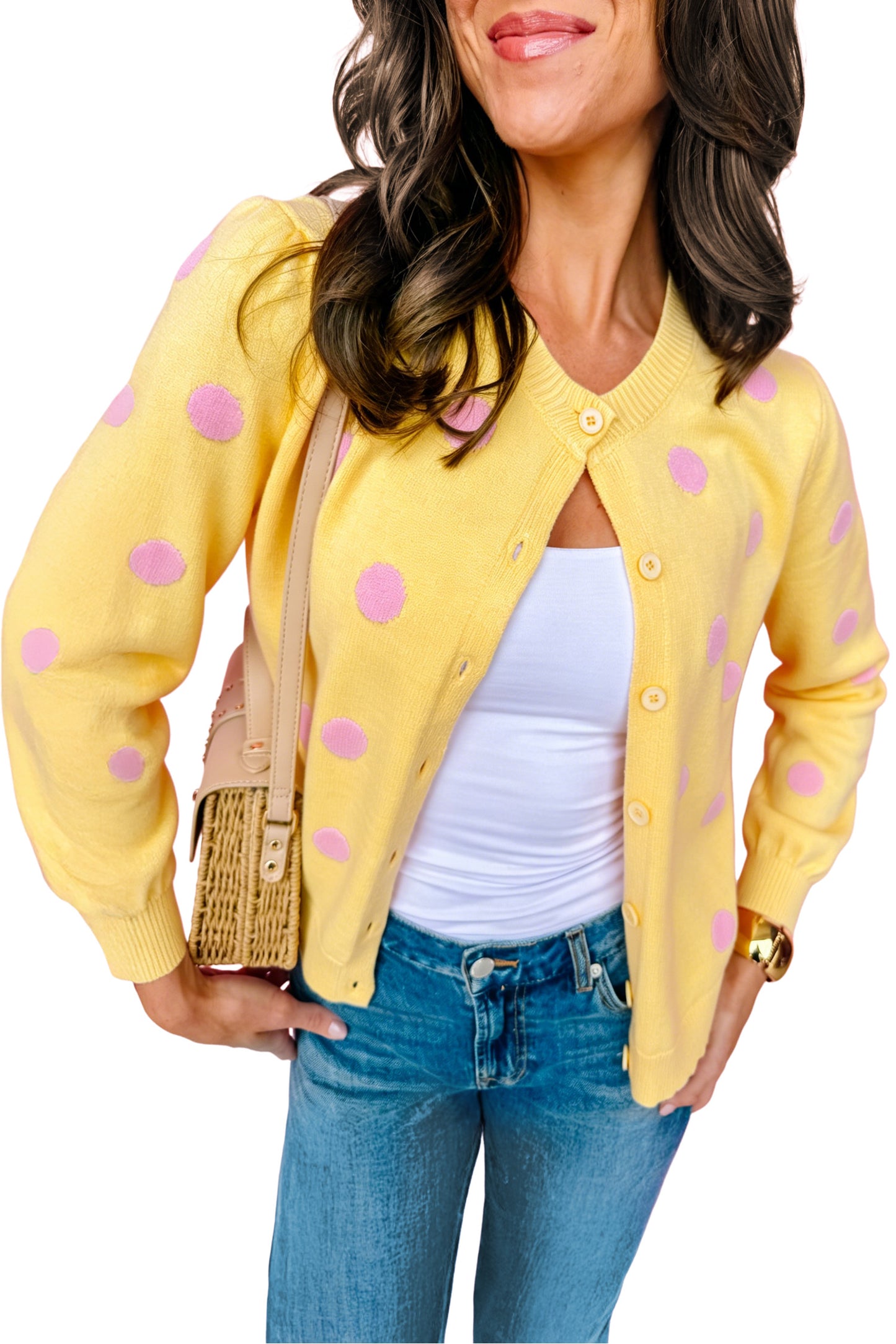 Yellow Cream Casual Polka Dot Button Front Long Sleeve Sweater Cardigan