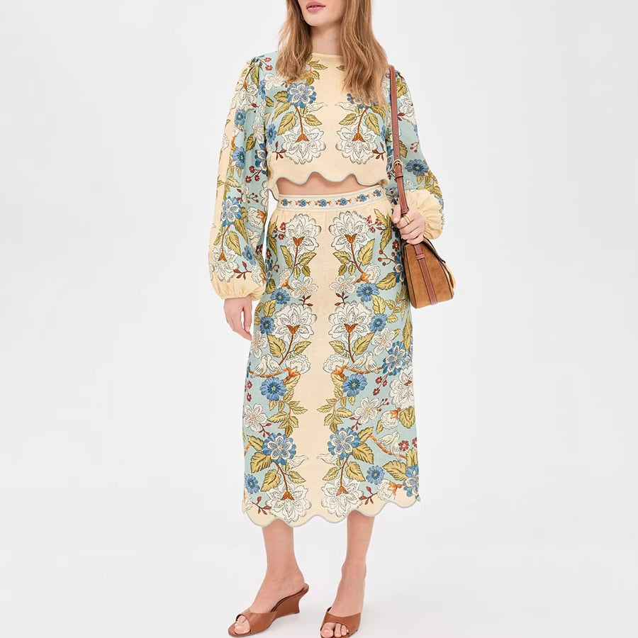 Two-piece long-sleeved printed skirt and top set