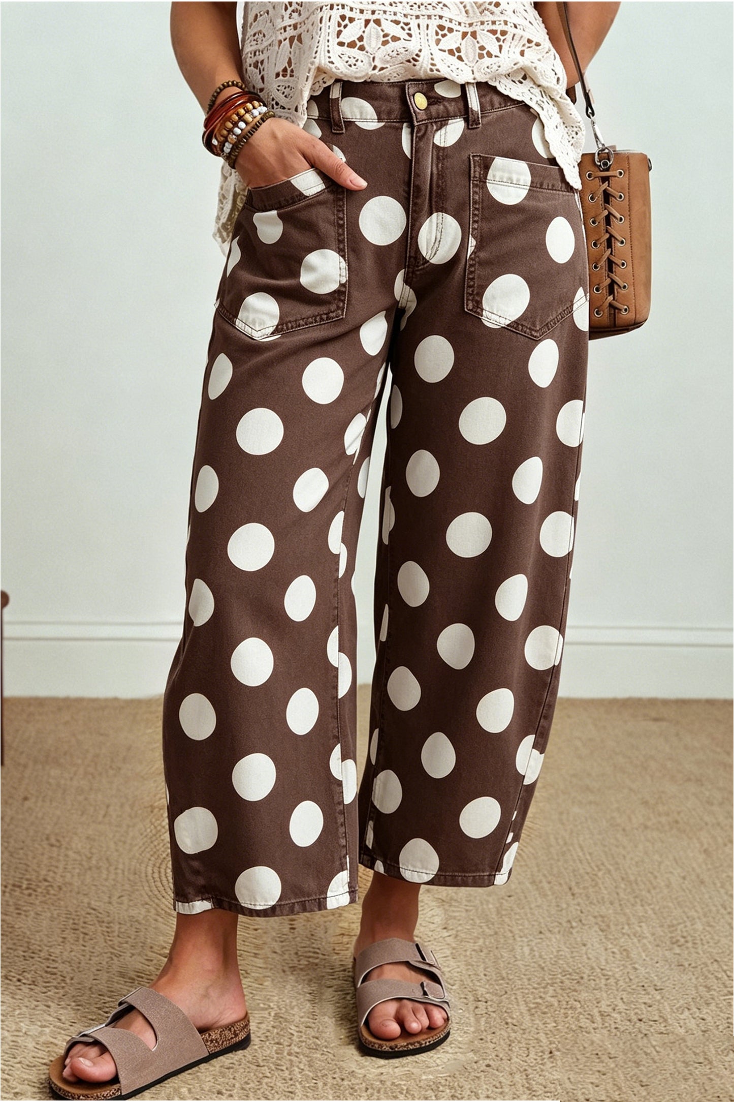 Brown Polka Dot Ankle-Length Jeans