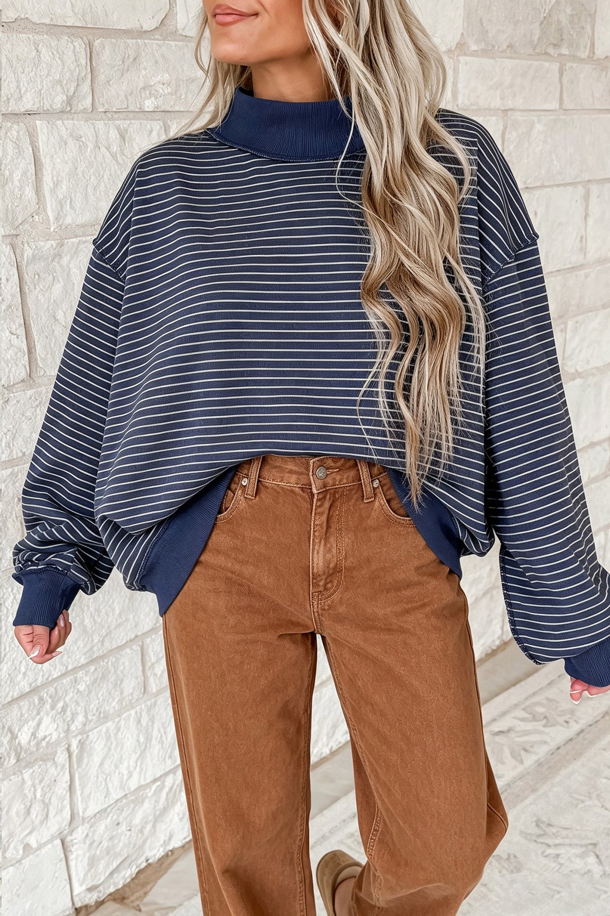 Green Stripe Ribbed Color Block Mock Neck Oversized Sweatshirt