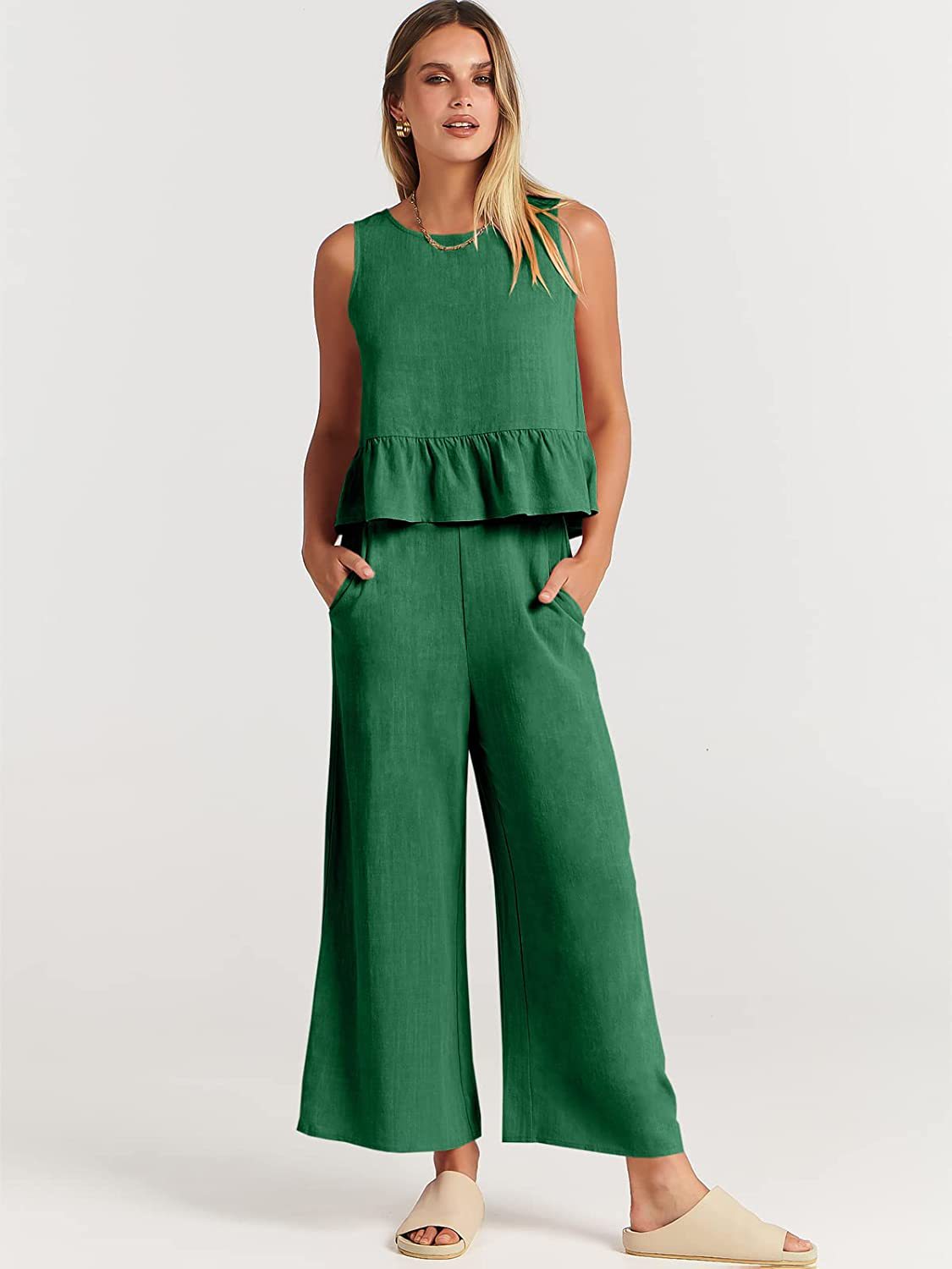 Women's sleeveless ruffle top, wide-leg capri pants set