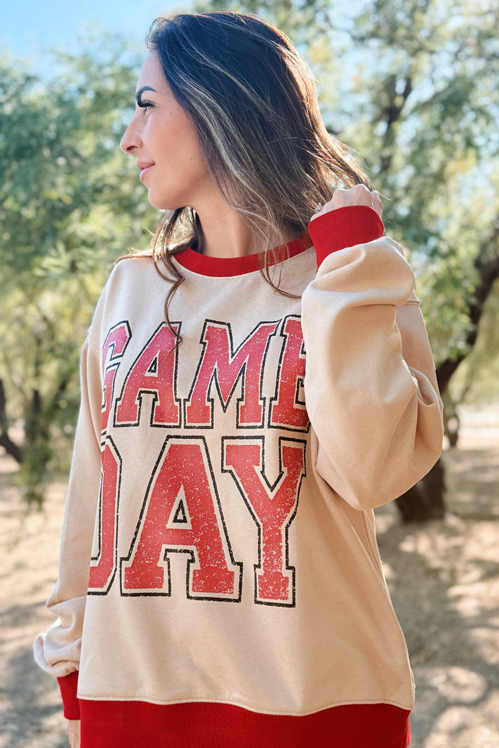 White GAME DAY Letter Contrast Trim Baggy Sweatshirt