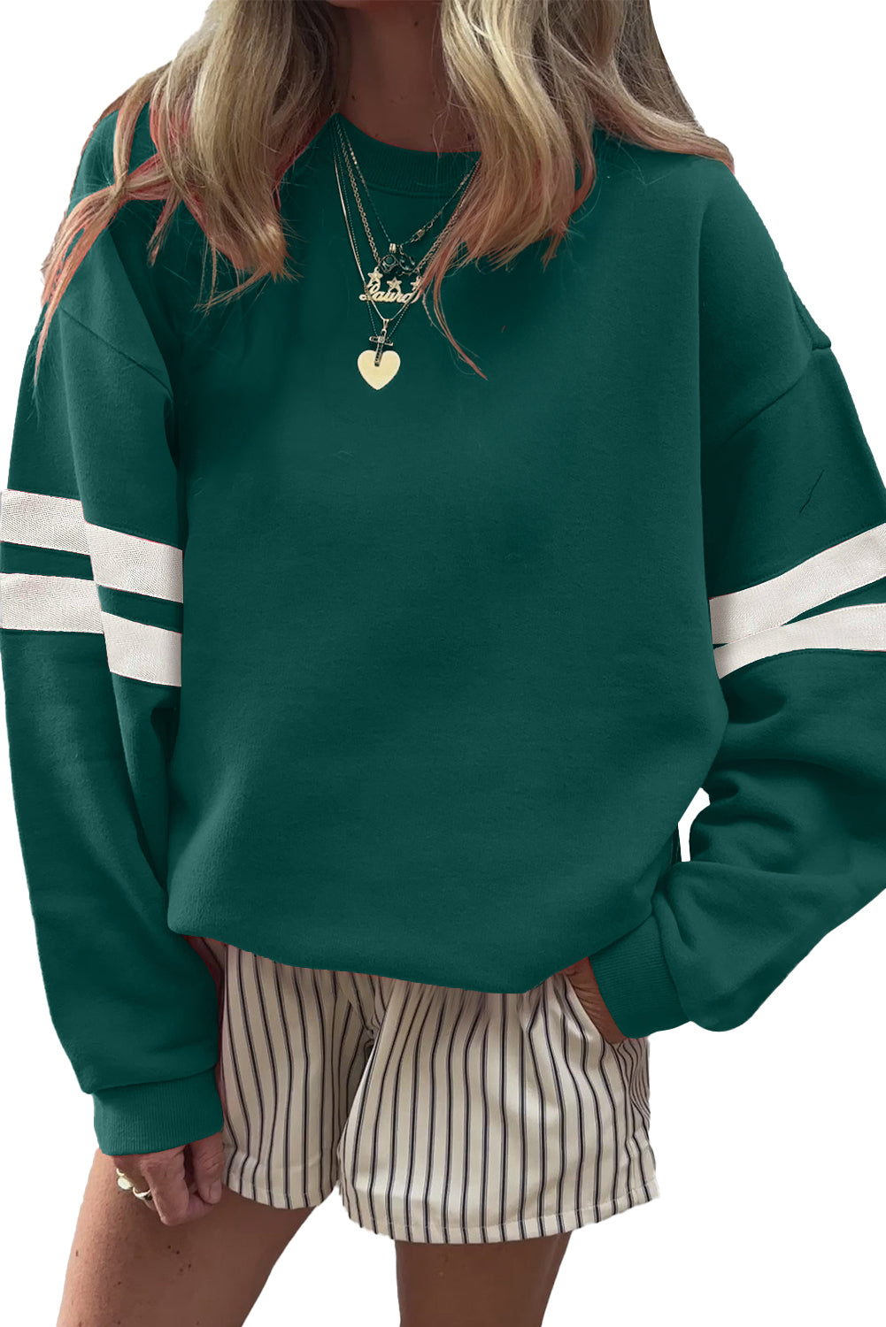 Navy Blue Preppy Striped Sleeve Loose Sweatshirt