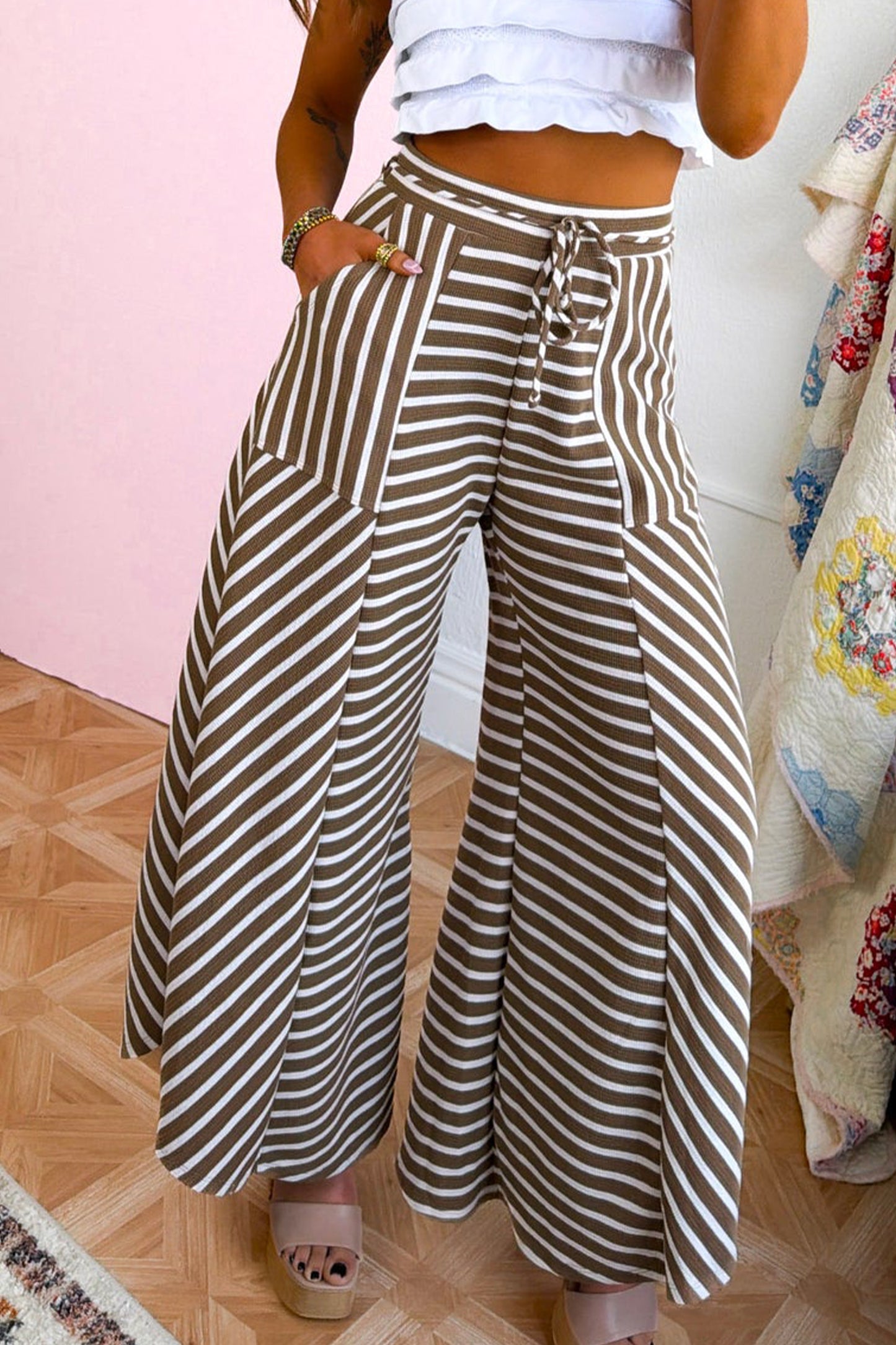 Khaki Stripe Patchwork Design Wide Leg Casual Pants