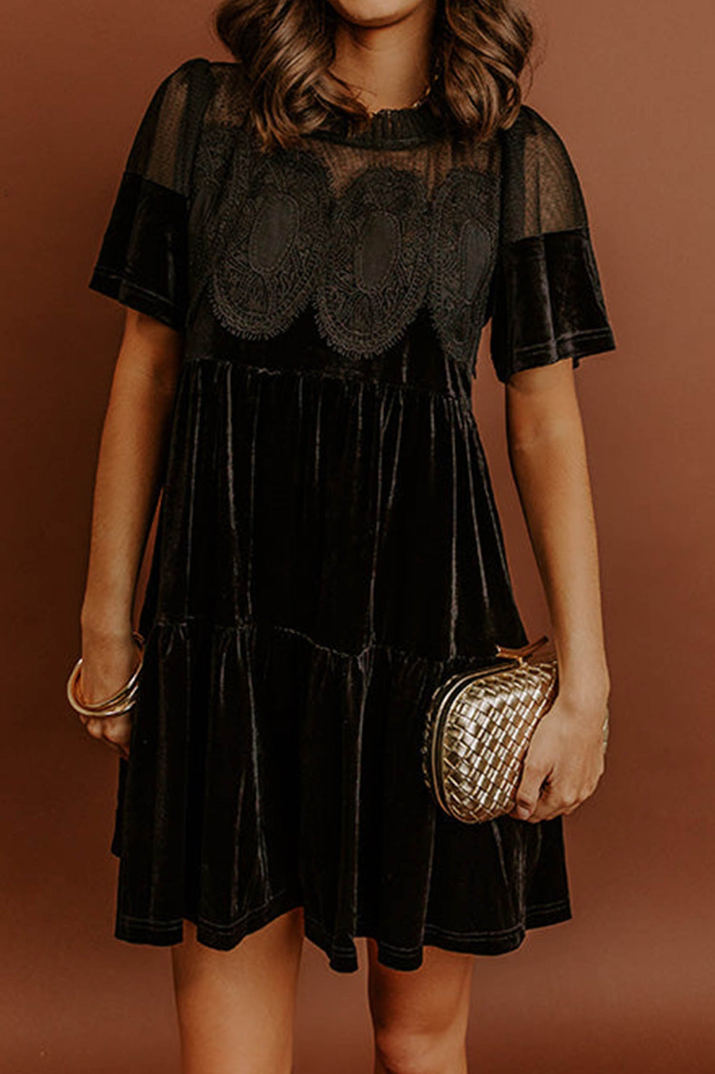 Black Embroidered Velvet Short Sleeve Mini Shift Dress