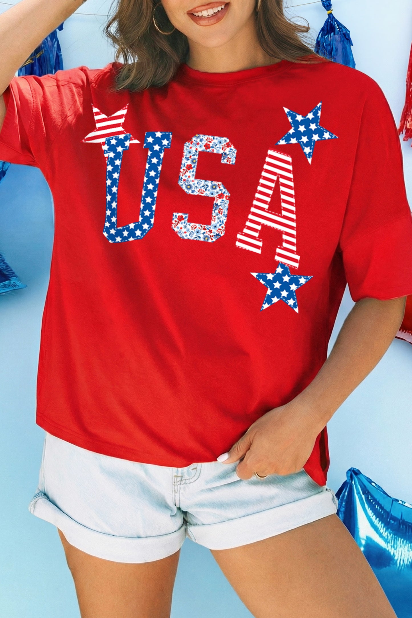Fiery Red USA Patriotic Star Patched Oversize Tee