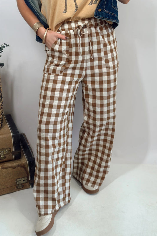 Brown Gingham Plaid Tie Elastic Waist Shift Pants