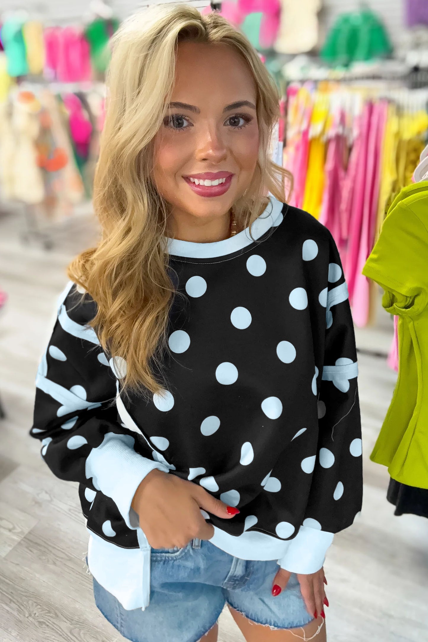 Blue Polka Dot Contrast Patchwork Round Neck Baggy Sweatshirt