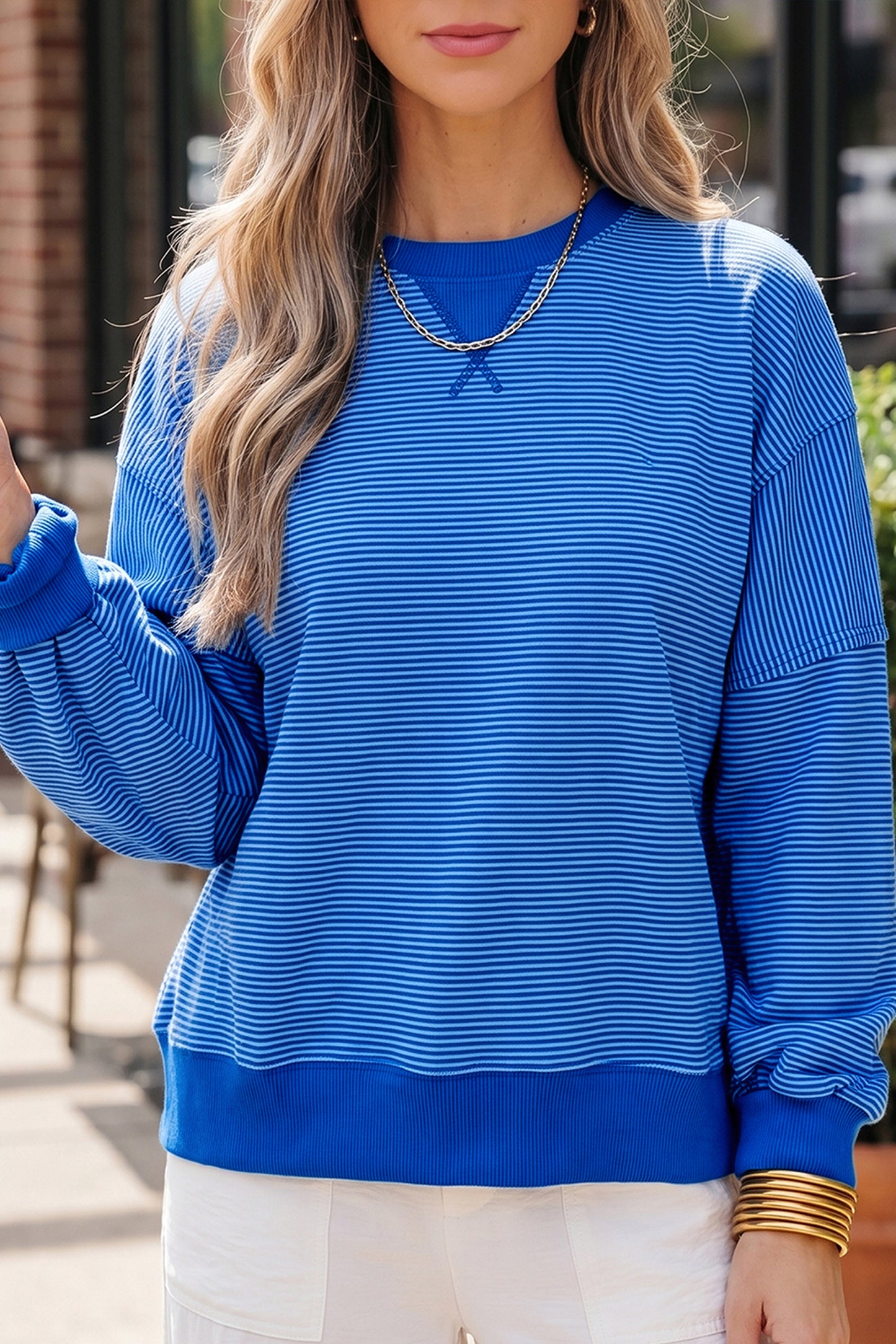 Blue Stripe Ribbed Cuffs Hem Long Sleeve Pullover Top