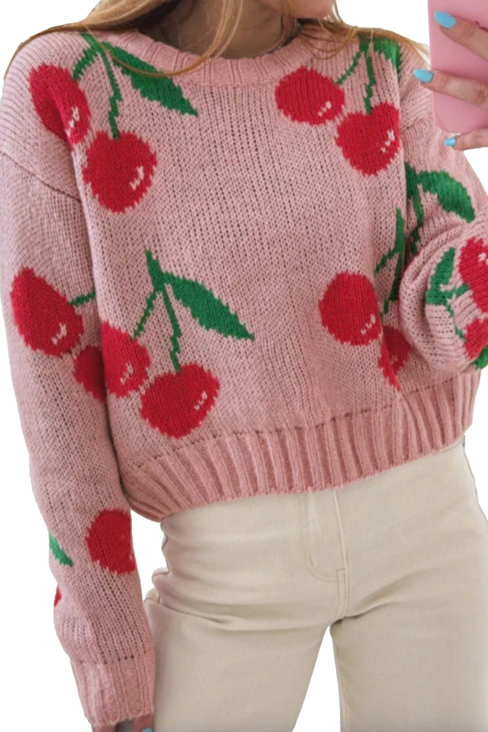 Pink Cherry Print Round Neck Knit Sweater