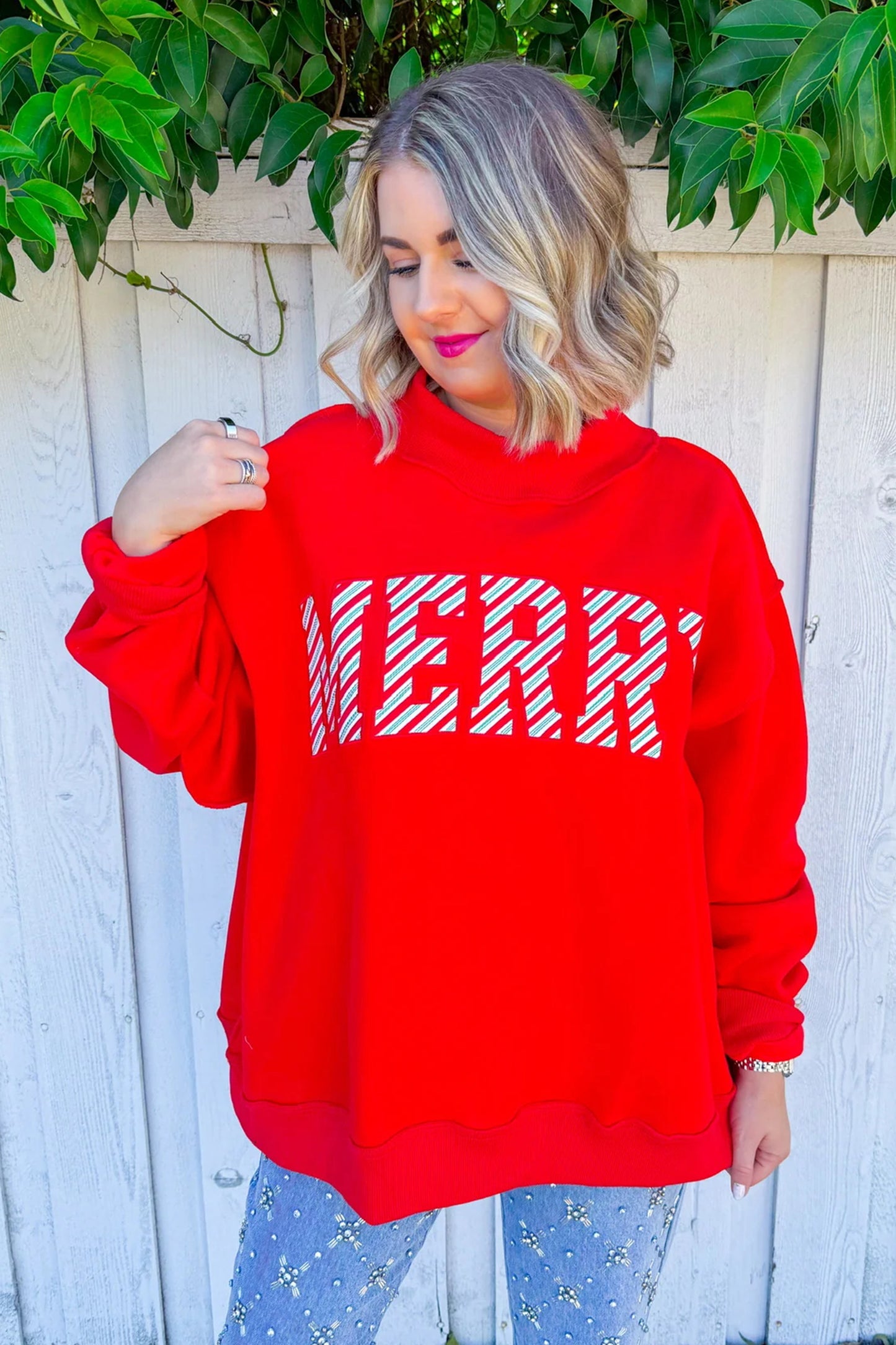 Fiery Red Embroidered Merry Slogan Stand Neck Long Sleeve Shift Sweatshirt
