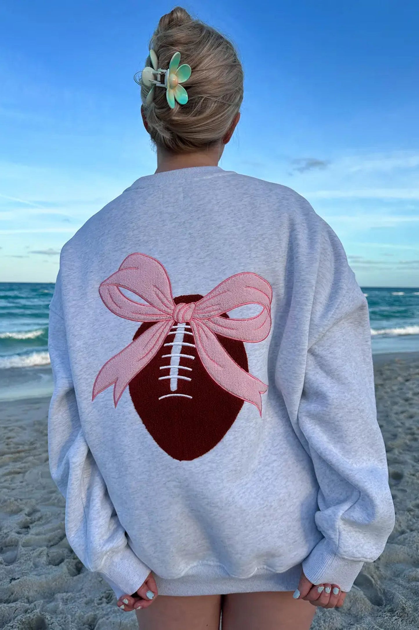 Light Grey Pearl Grey Pink Bow Football Game Day Embroider Sweatshirt
