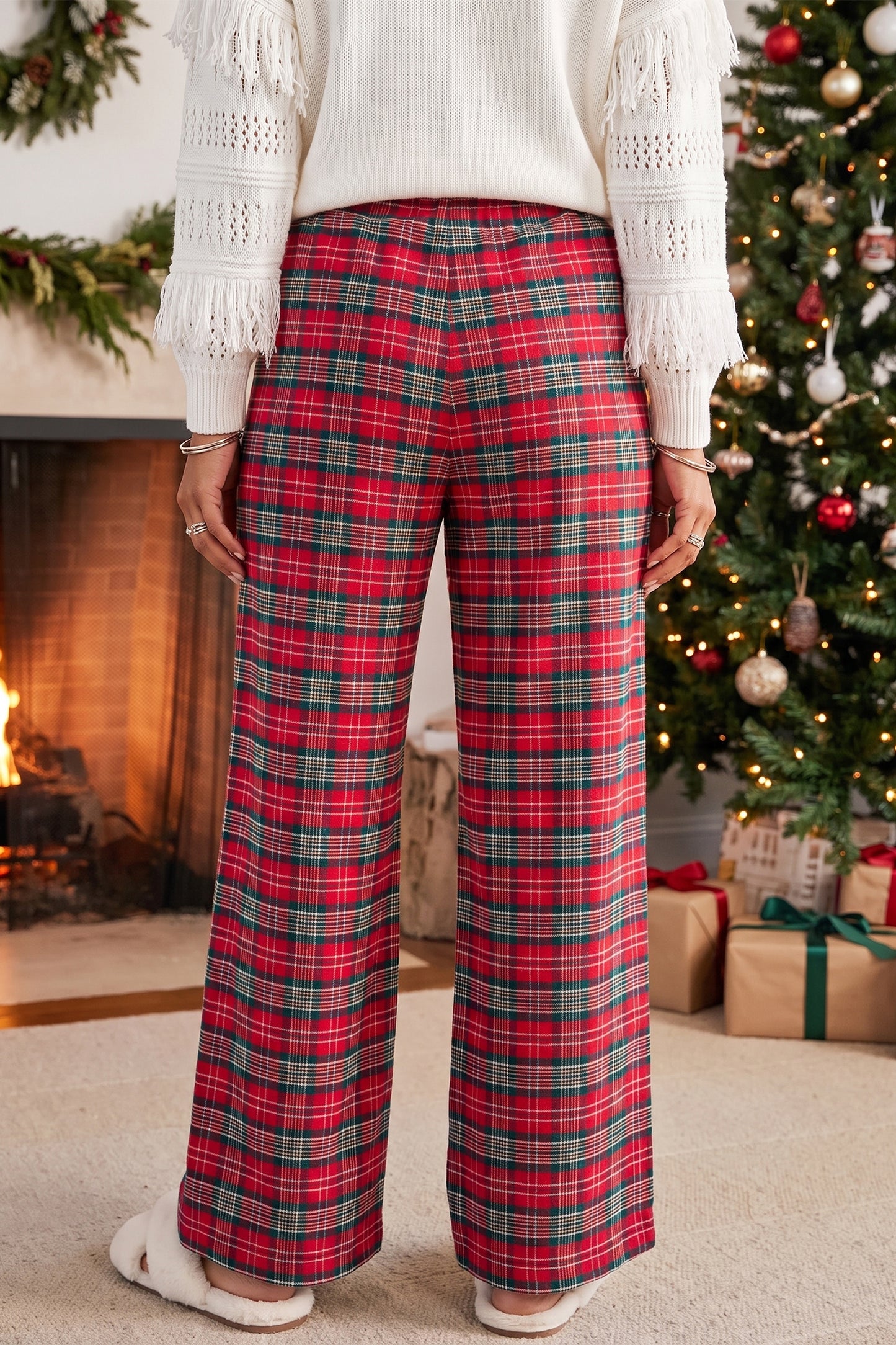 Red Casual Plaid Tie Waist Casual Wide Leg Pants