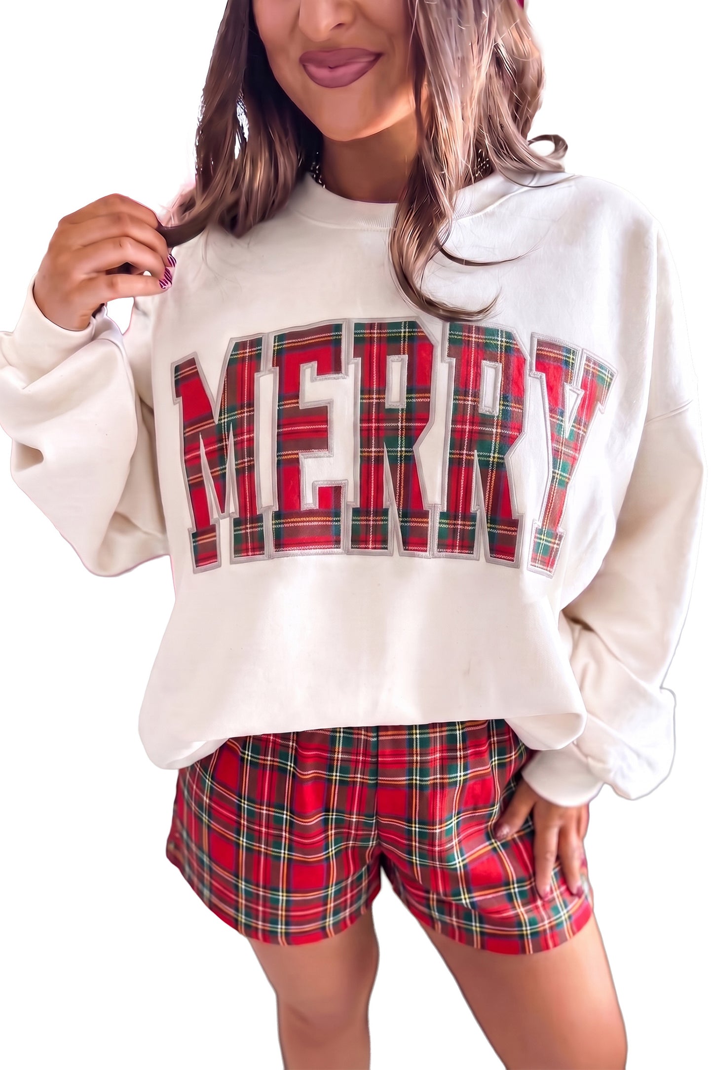 Red Plaid/ Polka Dot MERRY Holiday Long Sleeve Top and Shorts Set
